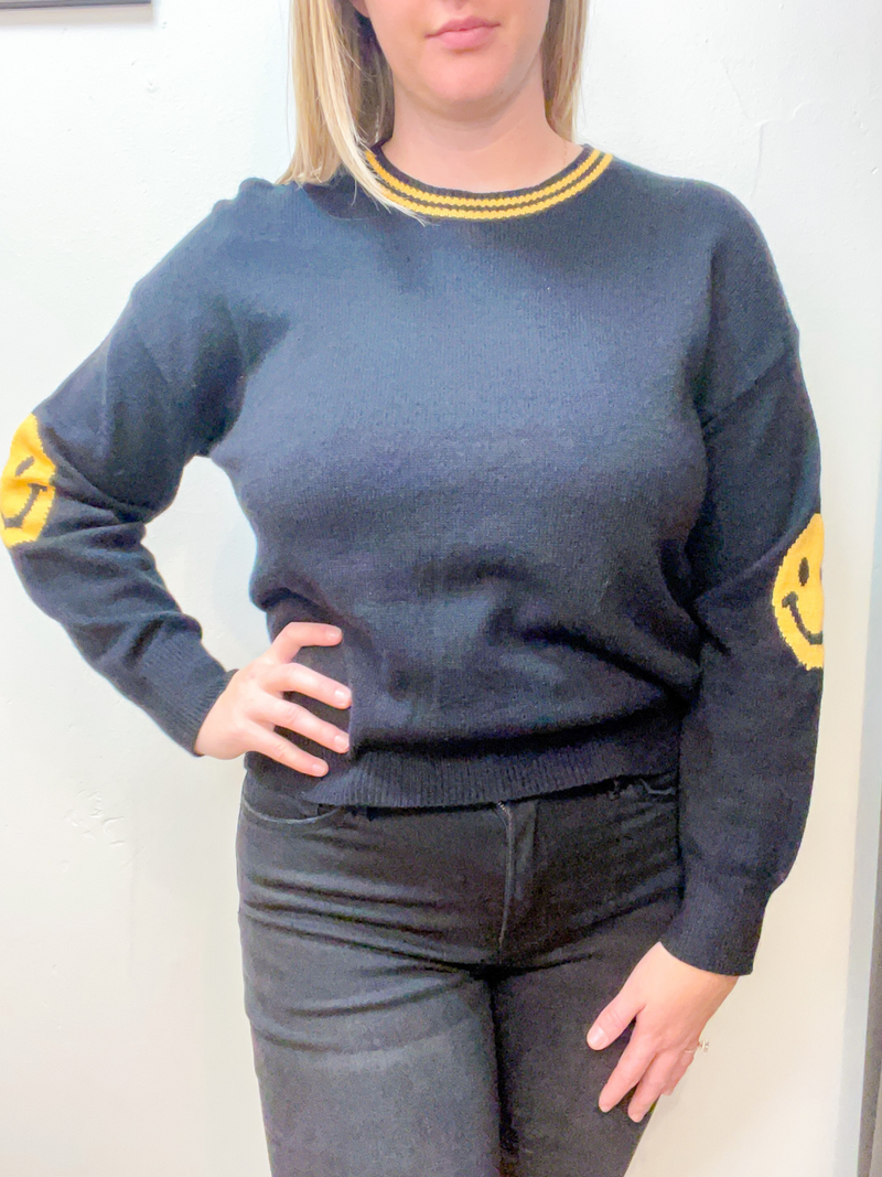 Happy Face Sleeve Sweater - Black