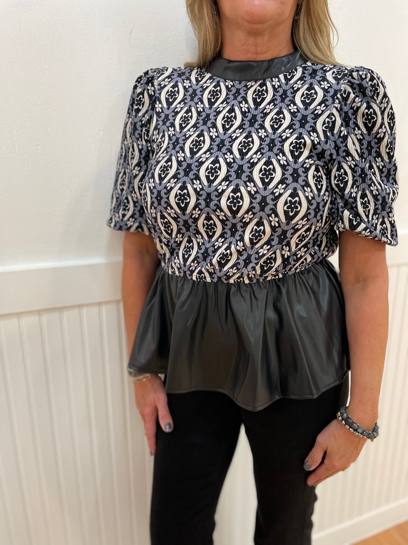 Chain Print Leather Trim Top