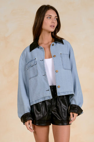Denim Jacket with Leather Trim