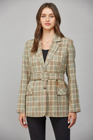 Belted Plaid Blazer