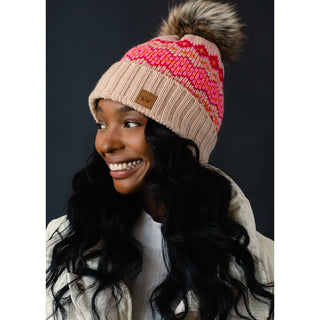 Blush, Pink & Orange Patterned Pom Hat