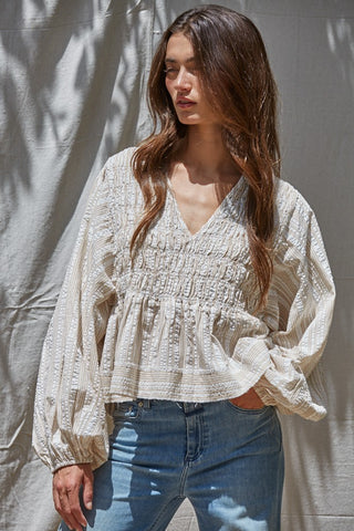 Ellery Smocked Top Ivory Taupe