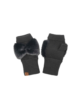 Fur Bow Fingerless Gloves - Black