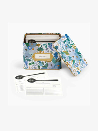 Garden Party Blue Tin Recipe Box