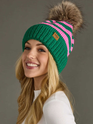 Green and Pink Striped Pom Hat