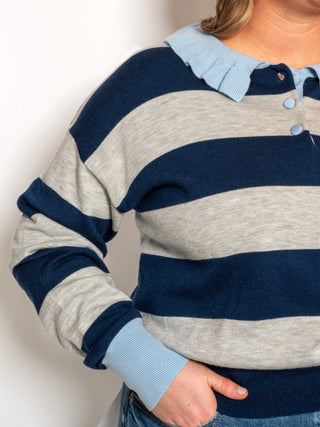 Navy Striped Ruffle Polo Sweater