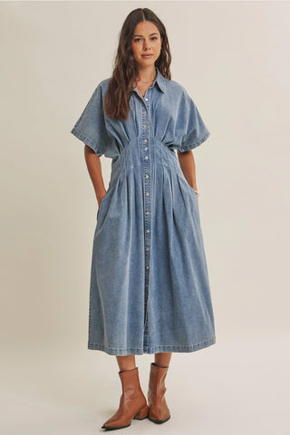 Pleated Denim Midi Dress