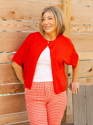 Pointelle Single Button Cardi - Red