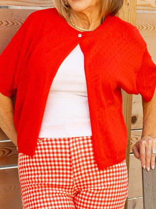 Pointelle Single Button Cardi - Red