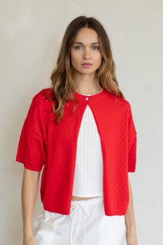 Pointelle Single Button Cardi - Red