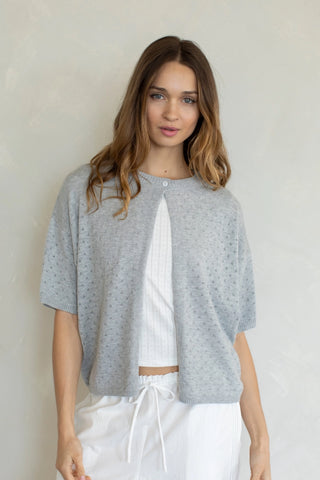 Pointelle Single Button Cardi Heather Grey