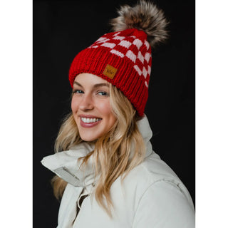 Red & Pink Checkered Pom Hat