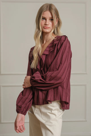 Ruffle Trim Striped Blouse Wine
