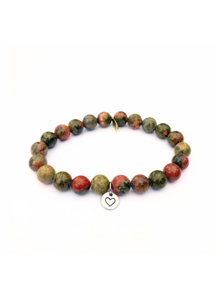 Unakite Healing Stone Bracelet + Sterling Silver Heart Charm