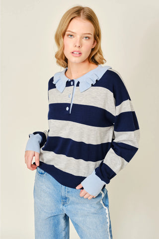 Navy Striped Ruffle Polo Sweater